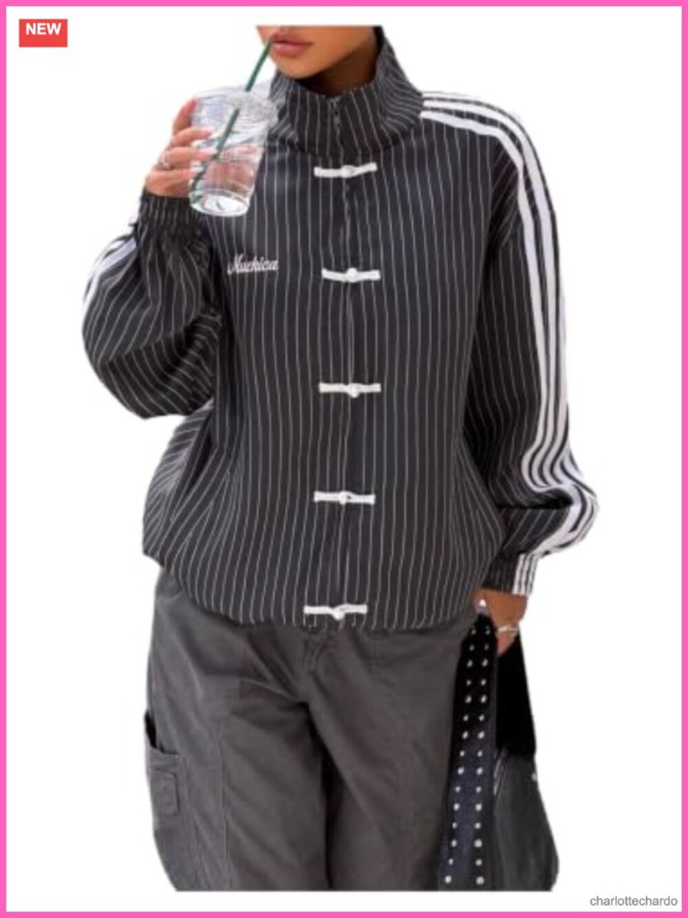 Striped Full Zip Mandarin Collar Jacket Loose Fit Streetwear Casual